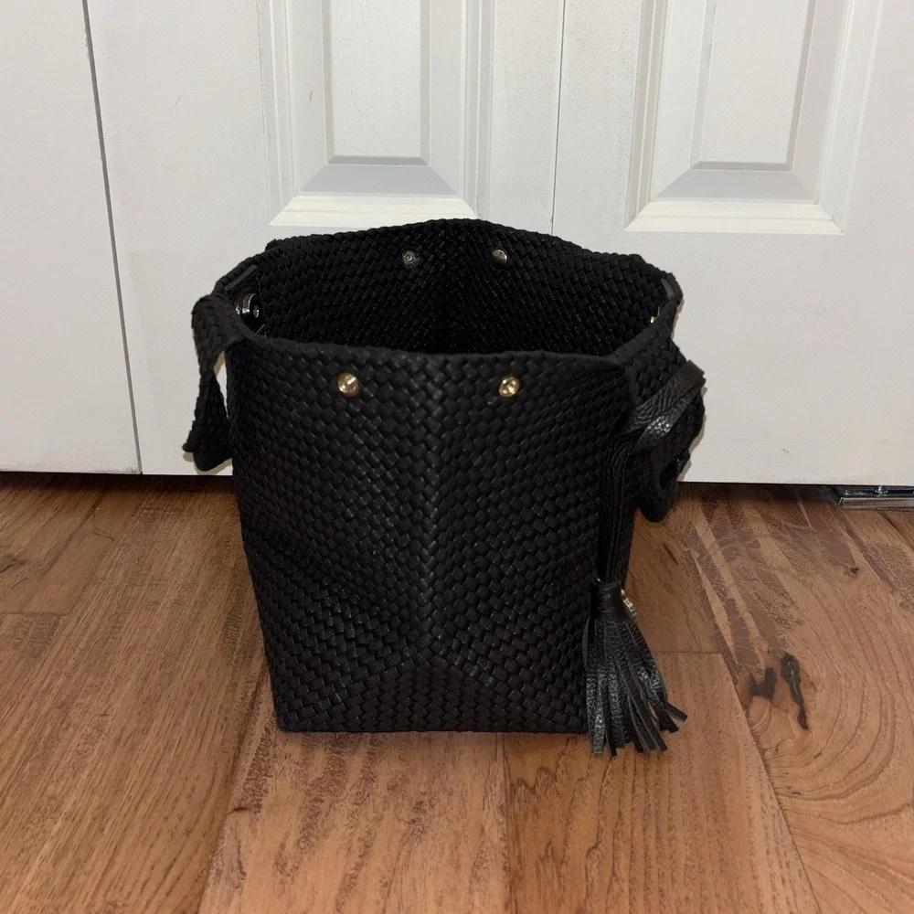 NWOT 120% Lino Italian Black Woven Handbag Mini Tote Logo Tassel